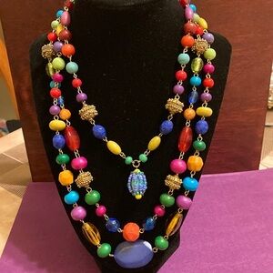 Colorful triple strand layered beaded necklace